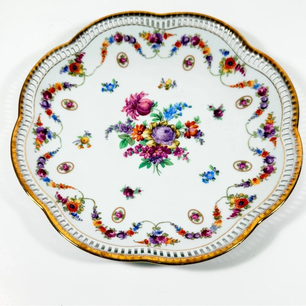 Schumann Bavaria Reticulated Plate Germany Dresden Flowers Pierced Porcelain 10”